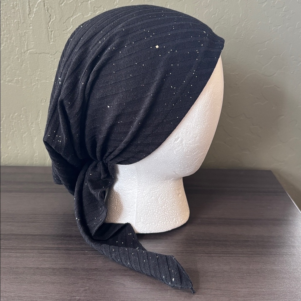 Black with Silver Sparkle Pre-tied Head Scarf Stretchy Ribbed Fabric NWOT - Picture 5 of 9
